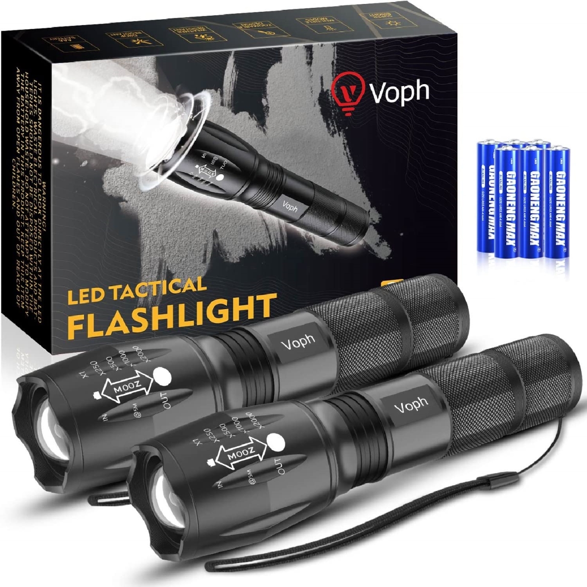 NT83773 5 Modes High Lumens Tactical LED Flash Light, Waterproof, Zoomable Flashlights for Camping, Gifts - Pack of 2