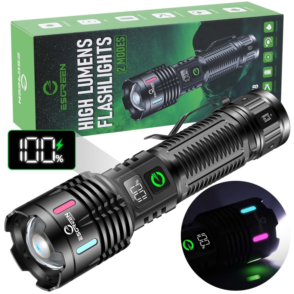 NT83778 Esgreen Rechargeable Flashlights, 2000 Lumens, Super Bright LED, USB C, Long Distance 3280ft, 10H Heavy Duty