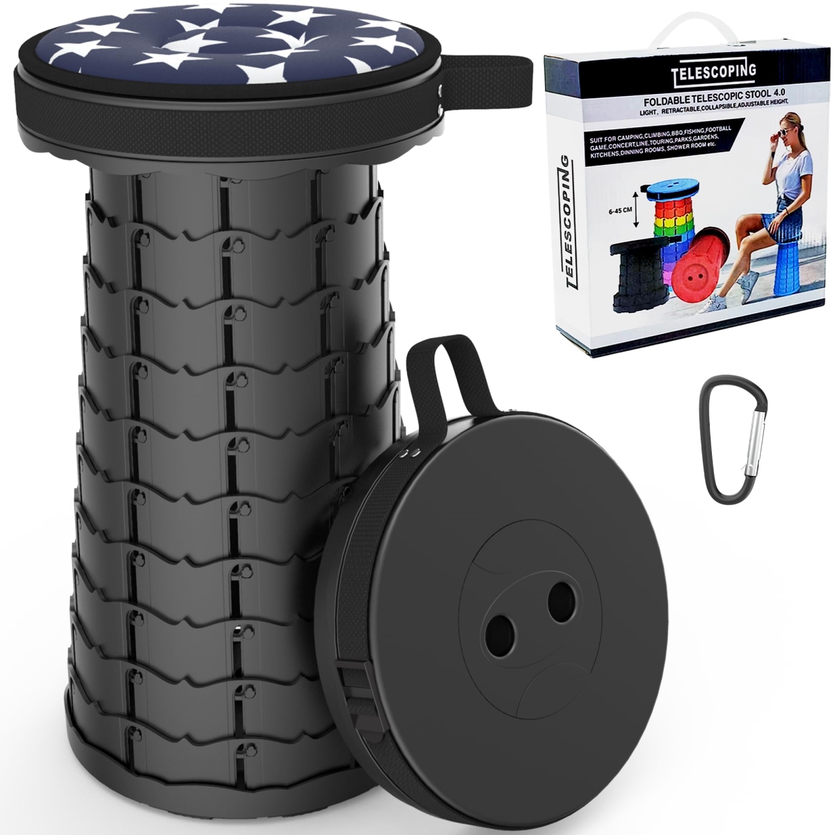 NT84026 ALEVMOOM Collapsible Stool with Cushion, Portable Telescoping Adjustable for Outdoor Use - 200 kg Load Capacity