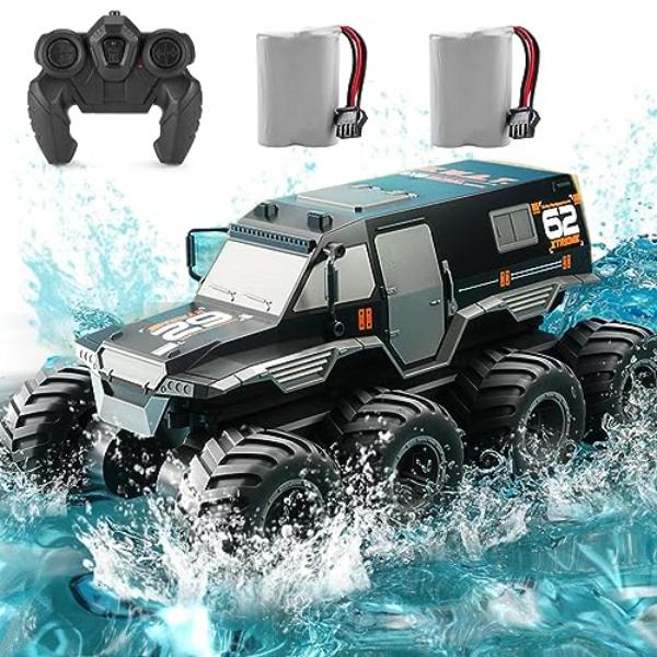 NT84253 2 Batteries Remote Control Car, 8WD 2.4G 1-12 Scale Waterproof Amphibious Monster Truck - Black
