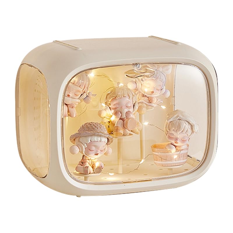 NT84303 Display Case with Light Adjustable Stand for Figure, Clear Acrylic Box with Door, Dust & Moisture Proof, Cream