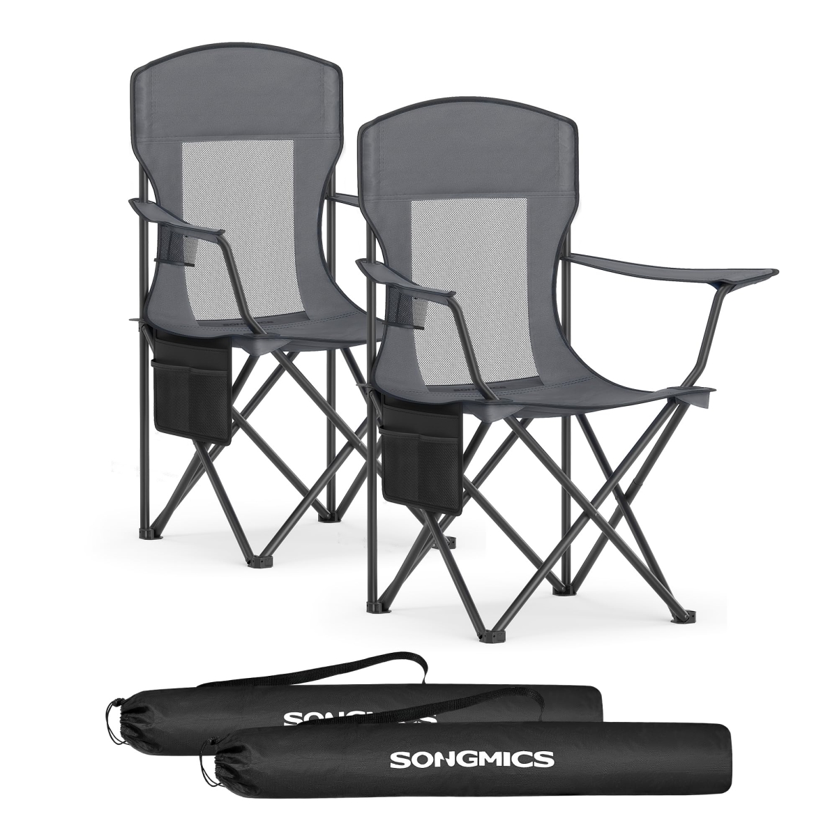 NT84395 SONGMICS Breathable Camping Chairs, Foldable High Back, Adjustable Armrests, Slate Gray - Set of 2