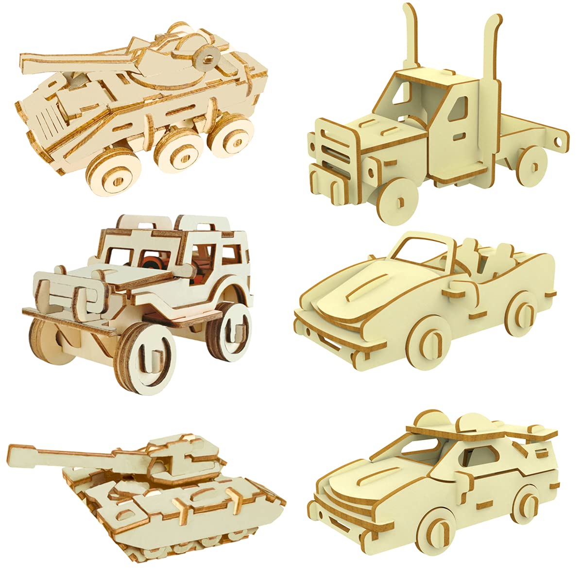 NT84682 3D Wooden Puzzle Car Brain Teaser DIY Model Kits - 6 Piece