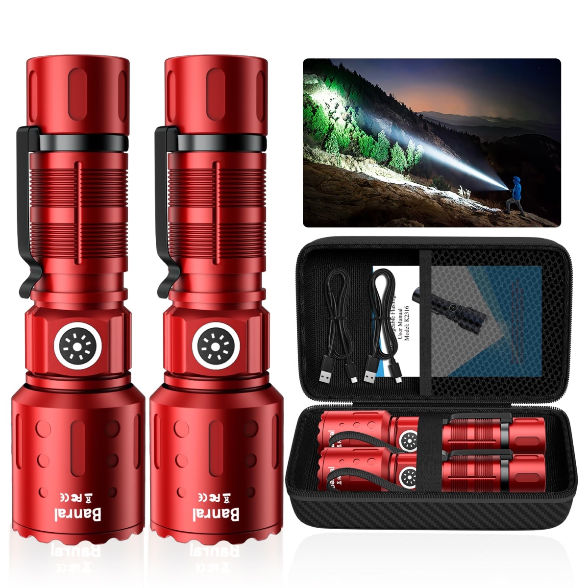 NT84796 Flashlights High Lumens Rechargeable LED Tactical Pocket Flashlight, 6 Modes, Waterproof, Red - Pack of 2