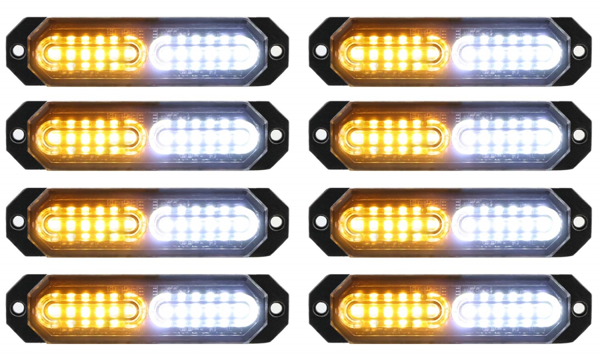 NT84818 ASPL Ultra Slim 12-LED Surface Mount Flashing Strobe Lights for Truck Car Vehicle - Amber & White - 8 Piece