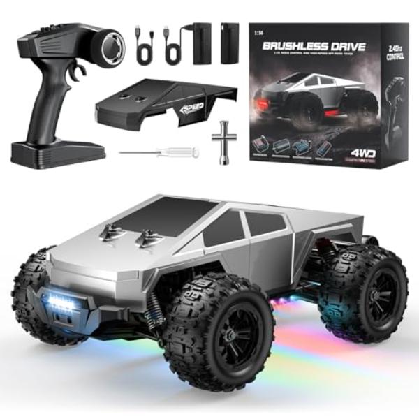 WayEee Remote Control Truck 1-16 Scale Fast Cars, Max 35 MPH, 2.4 Ghz Remote Control, 4WD All Terrain Vehicle, Colorful LED Lights