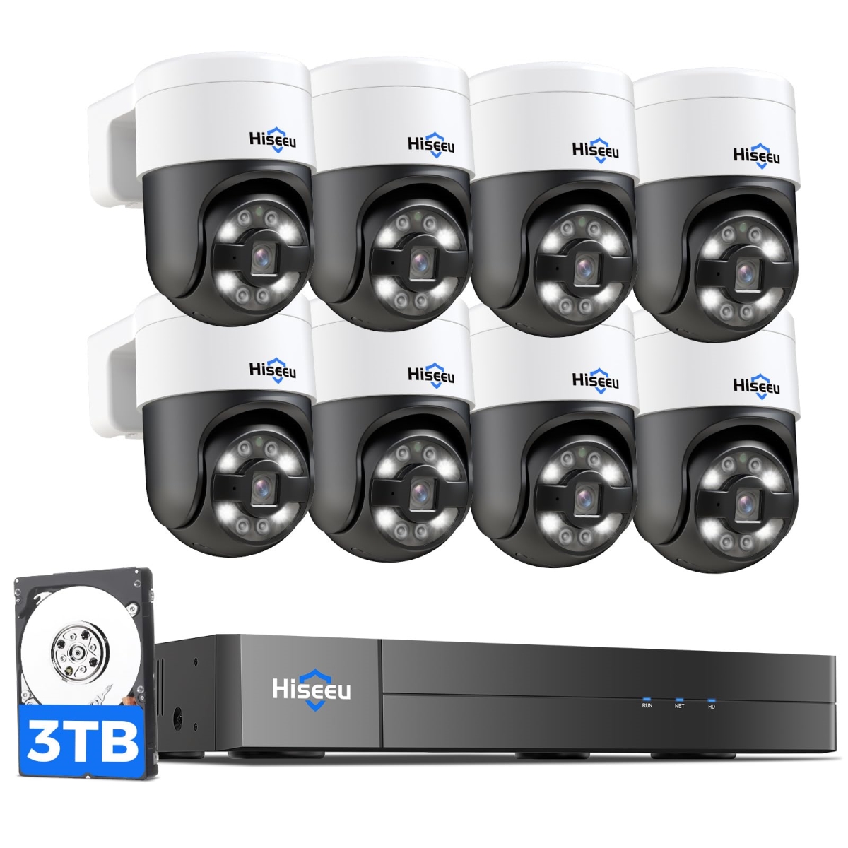 NT84956 Hiseeu 4K PoE Security Camera System with 8 5MP PoE PTZ Camera, 2-Way Audio, Color Night Vision, 24 by 7 Recording