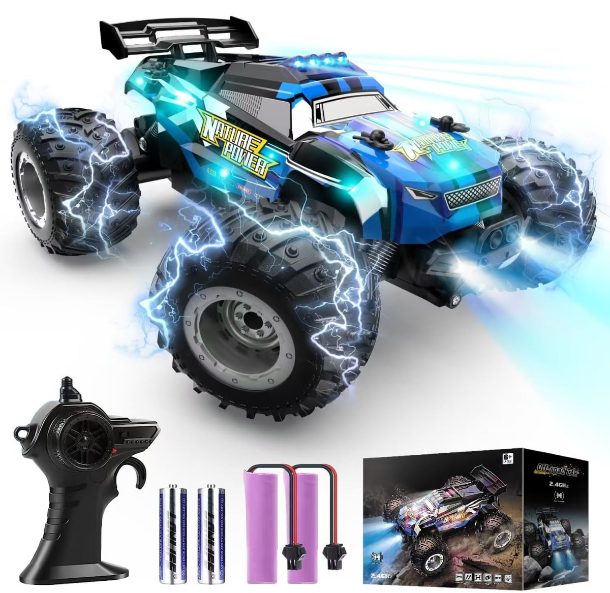 NT85019 Remote Control Car & 2.4 Ghz Glow-up Remote Control Car with Lights, Rechargeable Batteries, All Terrain Off-Road Monster Truck
