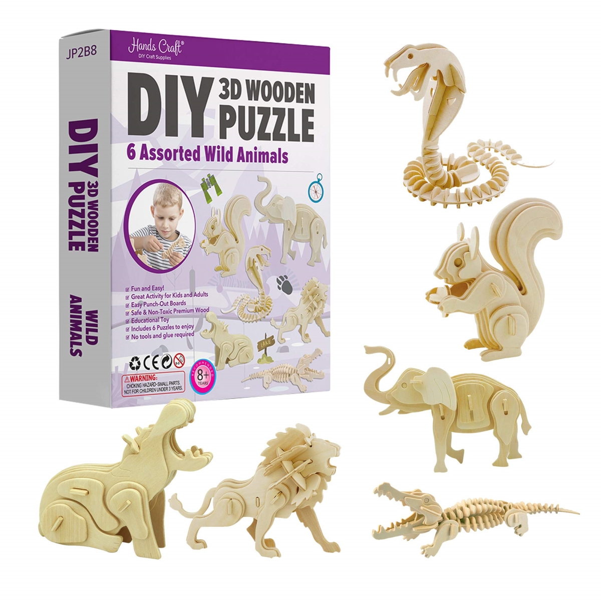 NT85511 Hands Craft DIY 3D Wooden Puzzle - Wild Animals Bundle Pack Set, 6 Assorted Color