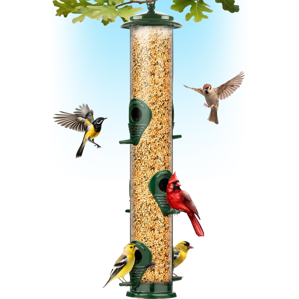 NT85653 16 in. Squirrel Proof Hanging Bird Feeder, Green - 6 Port
