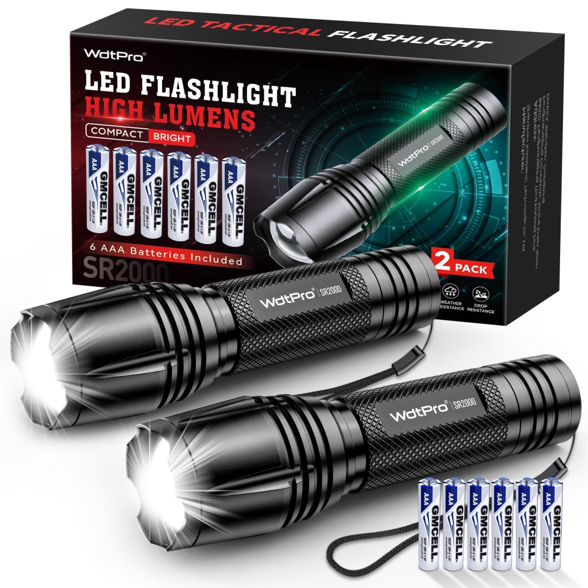 WdtPro LED Flashlights SR2000 Pro, High Lumens, Zoomable, Mini Flash Light for Emergency, Camping, Hiking - Black - Pack of 2
