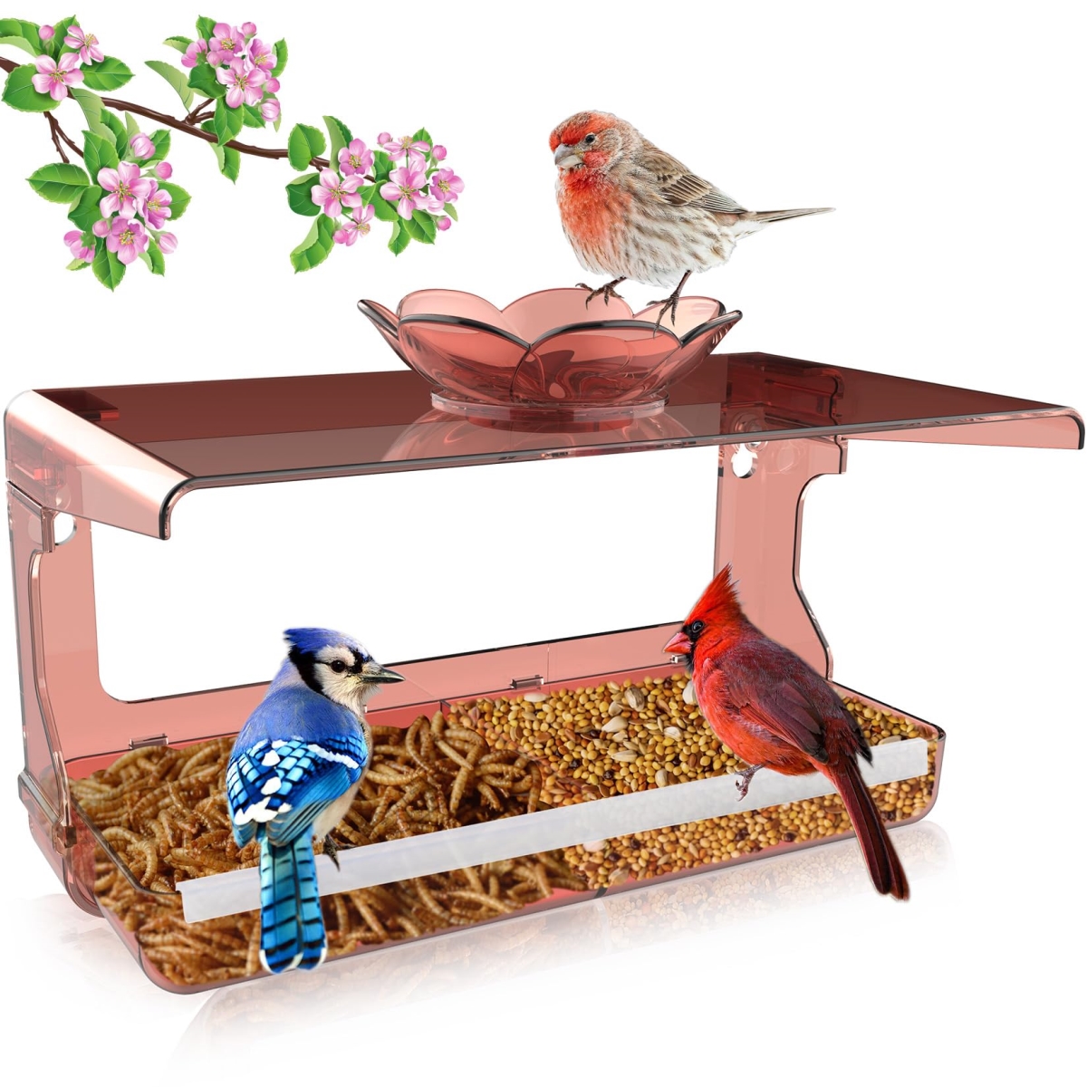 NT85751 Window Bird Feeder with Non-Marking Self-Adhesive Hooks, Clear & Transparent - Red