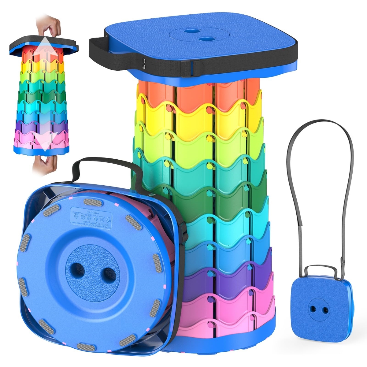 NT85763 Upgraded Collapsible Stool, Portable Folding Telescoping Chair, Max Load 485 lbs, Square Retractable Stool - Rainbow & Blue