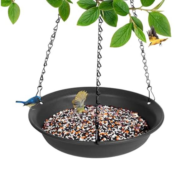 NT85873 8 in. Hanging Bird Feeder with Hole, Platform Flat Bird Seed Tray for Outdoors, Black