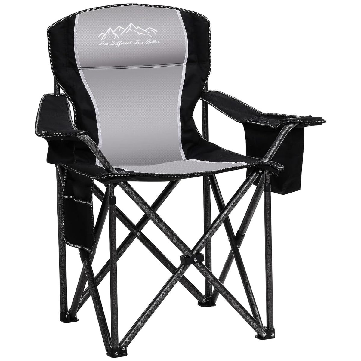 NT85968 Folding Camping Chair, Heavy Duty Portable Lawn Chair with Cooler Bag, Side Pocket & Cup Holder, Supports 450 lbs, Black