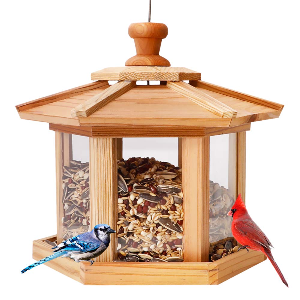 NT86483 Solution4Patio Cedar Hexagon Gazebo Bird Feeder with Vented Mesh Tray, Easy-Clean & Fill Design