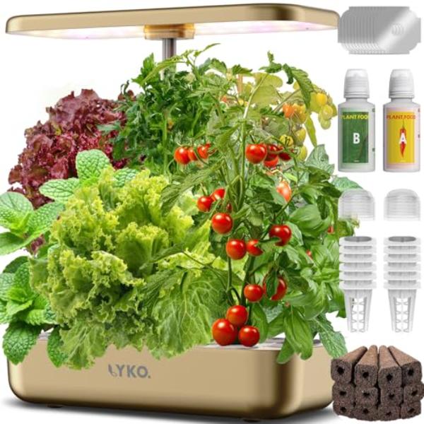 NT86540 LYKOCLEAN Hydroponics Growing System 12 Pods, Indoor Herb Garden with Grow Light - Golden