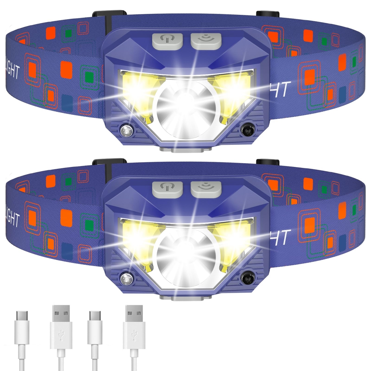 NT86667 LHKNL Headlamp Flashlights, Ultra-Bright LED Rechargeable Headlight, Waterproof, Motion Sensor, 8 Modes - Blue - Pack of 2