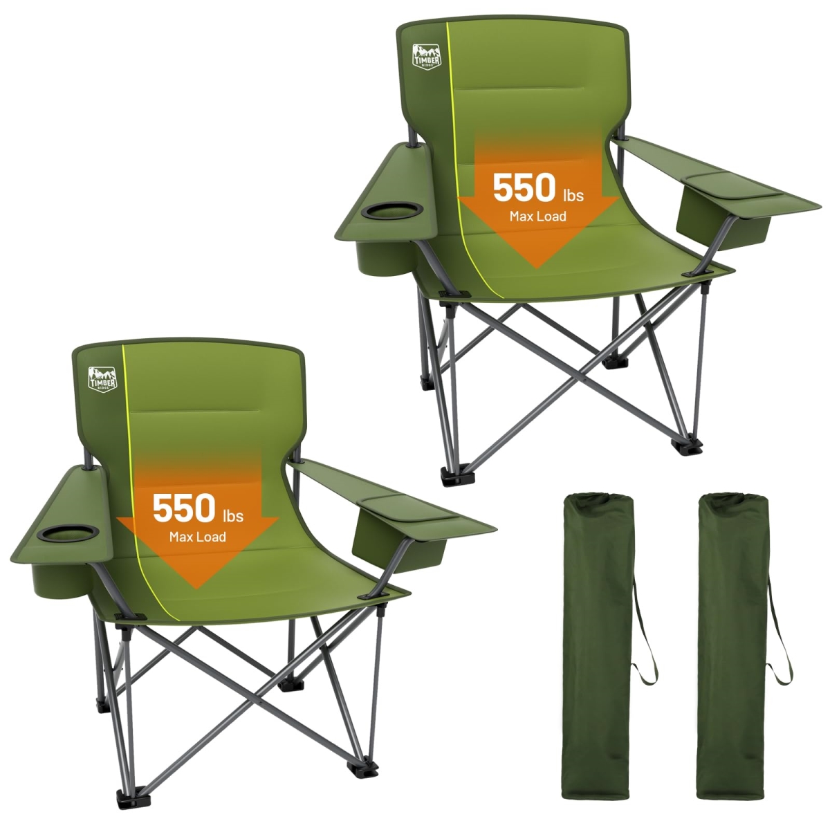 NT86884 TIMBER RIDGE Oversized Folding Camping Chair, Support 550 lbs, Green - Pack of 2
