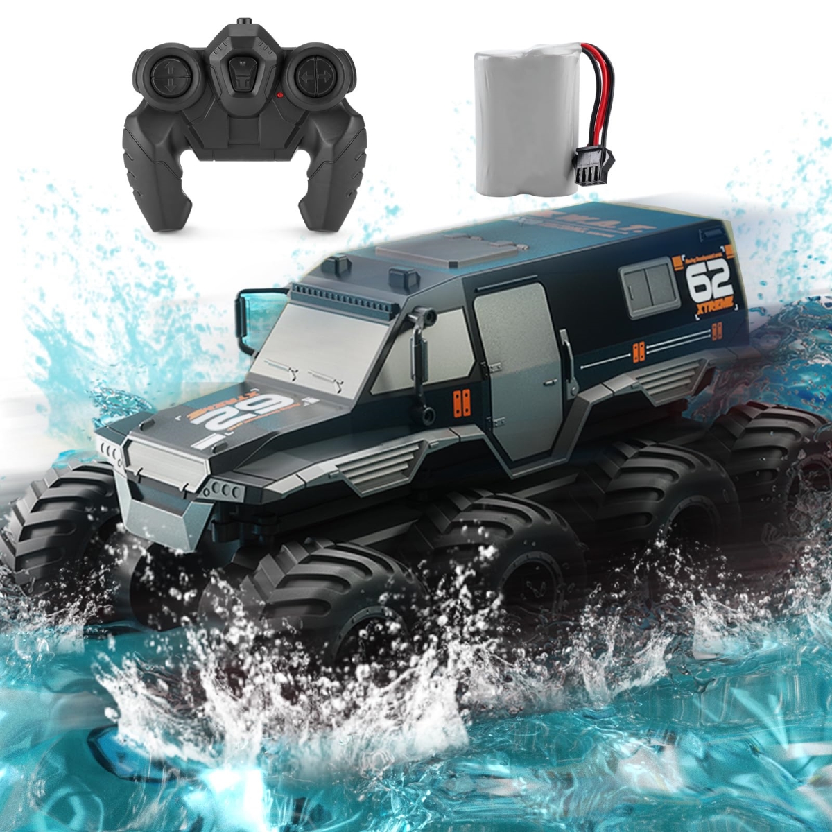 Amphibious Remote Control Truck 1-12 Scale 8WD, 2.4G Off Road Waterproof Remote Control Car for Kids, All Terrain Remote Control Car - Black