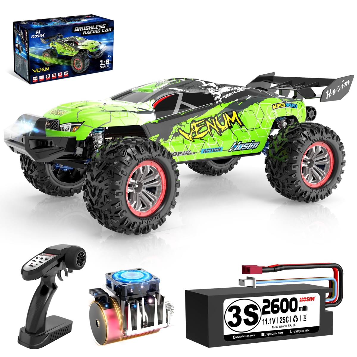 Hosim VENUM Mini 1-8 Scale Remote Control Car for Adults, 80 Plus KMH, 4X4 All Terrain, Waterproof Off Road High Speed Monster Truck