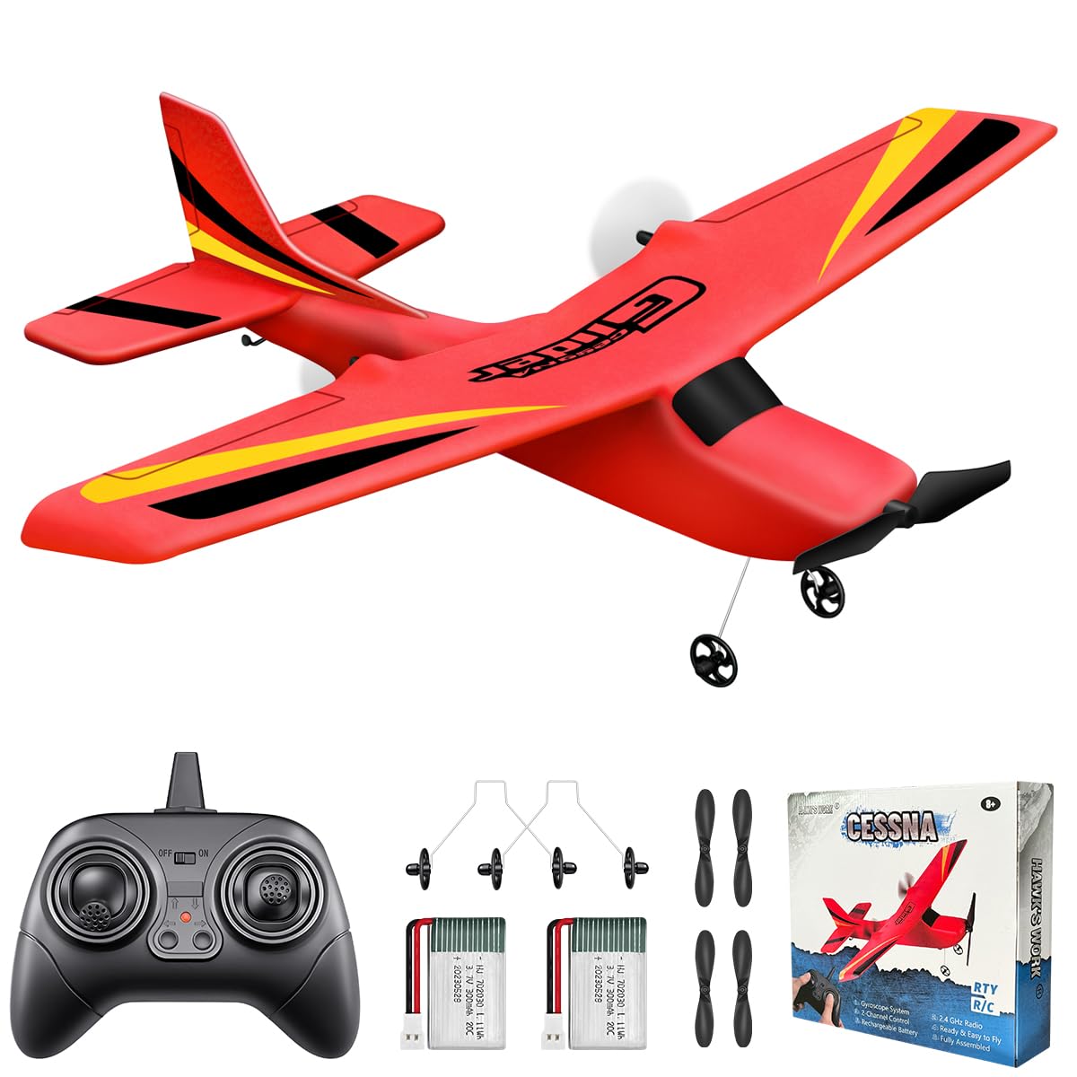 NT87140 HAWKS Work 2 CH Remote Control Airplane, Ready to Fly, 2.4 Ghz Remote Control, Easy for Kids & Beginners - Red