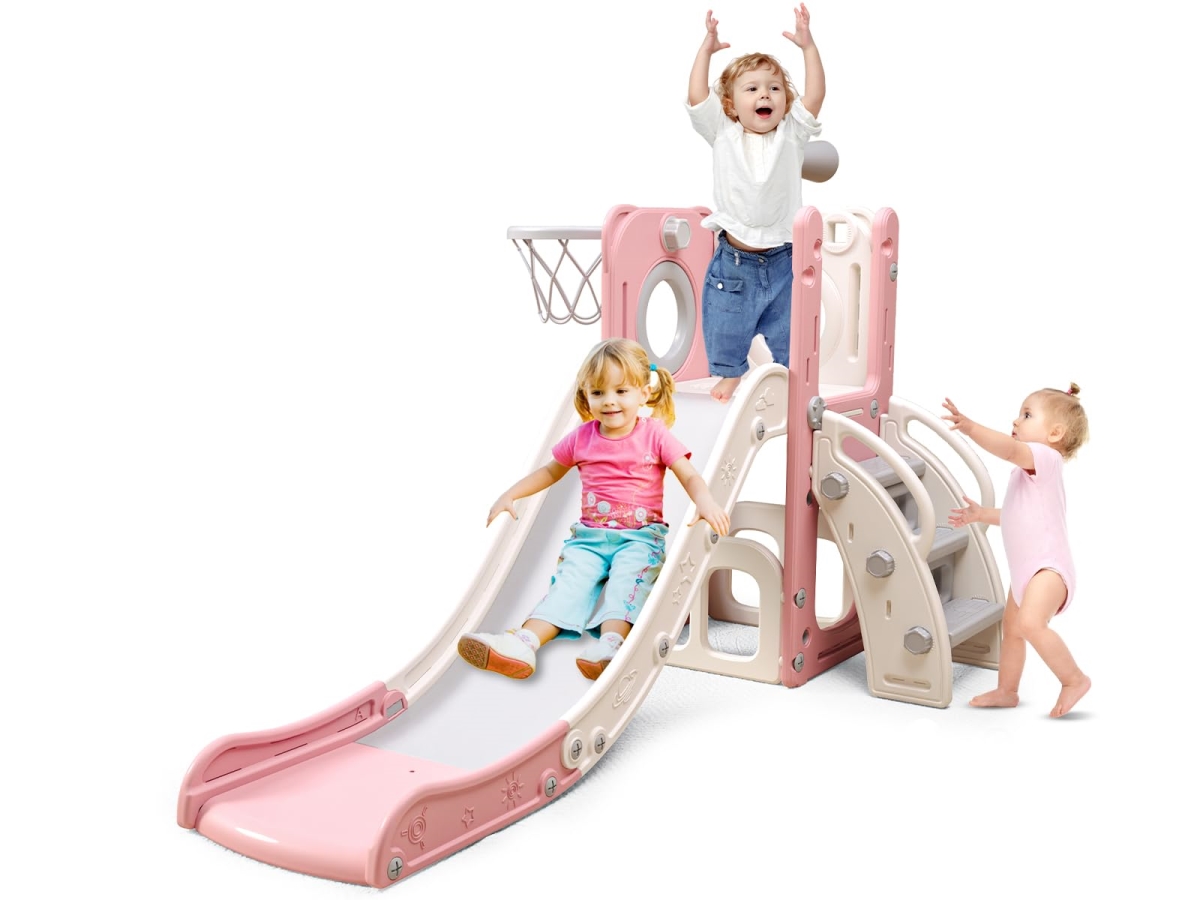 NT87239 6-in-1 Toddler Playset with Slide & Basketball Hoop - Pink & White