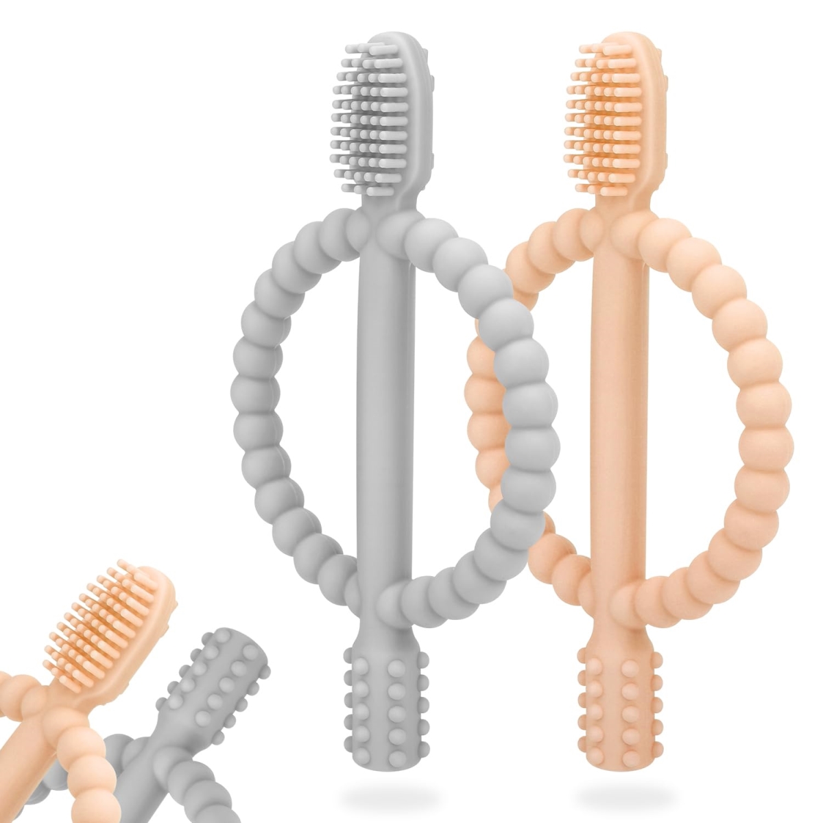 NT87331 Baby Teething Toys with Easy-Hold Handle, Silicone Infant Toothbrush, Textured for Sore Gums, Peach Powder & Gray