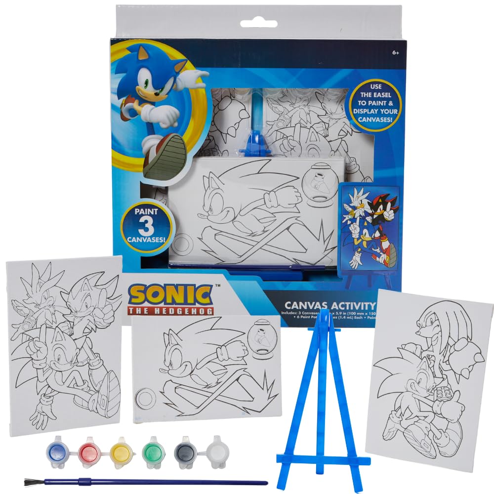 NT87343 Sonic The Hedgehog Canvas Paint Set for Kids with 3 Canvases, Acrylic Paint, Paintbrush & Easel