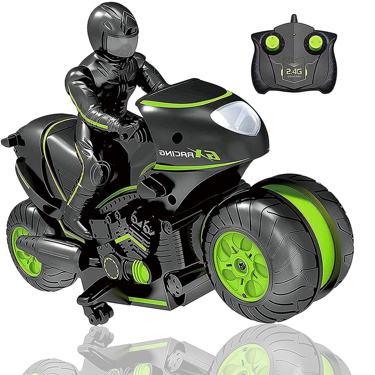 NT87491 Remote Control Motorcycle, Remote Control 360 Deg Spinning Stunt Motorbike with Riding Figure - Green