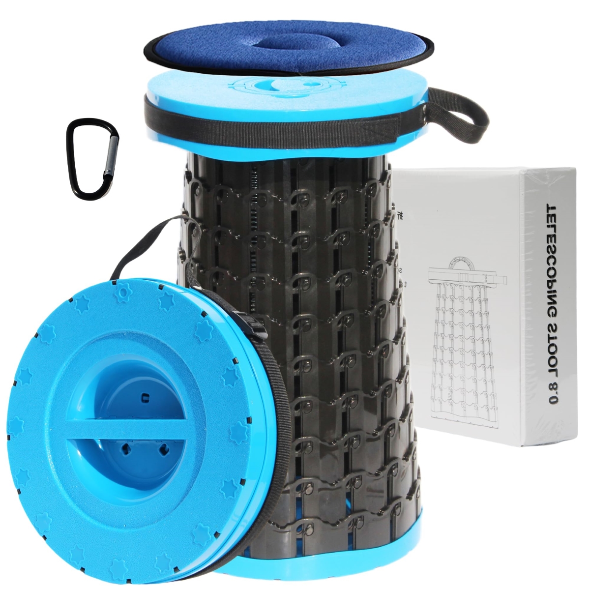 NT87586 ALEVMOOM XXL Portable Collapsible Stool with Cushion, Telescoping Folding for Adults, Camping, Outdoor, Blue