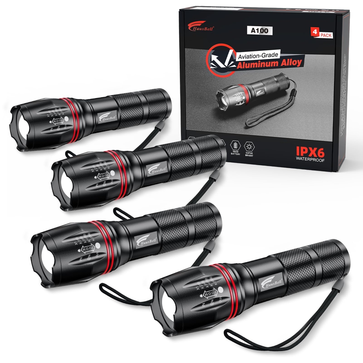 NT87773 HAUSBELL LED A100 Zoomable Tactical Flashlights, High Lumens - Five Modes - Pack of 4