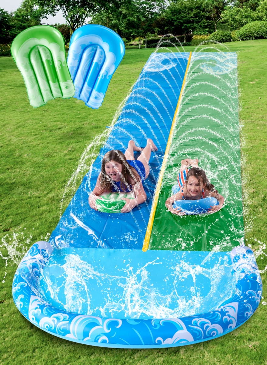 NT87905 22.5 ft. JOYIN Water Slide with 2 Inflatable Boards, Double Lawn Waterslide with Sprinkler for Kids & Adults - Blue & Green