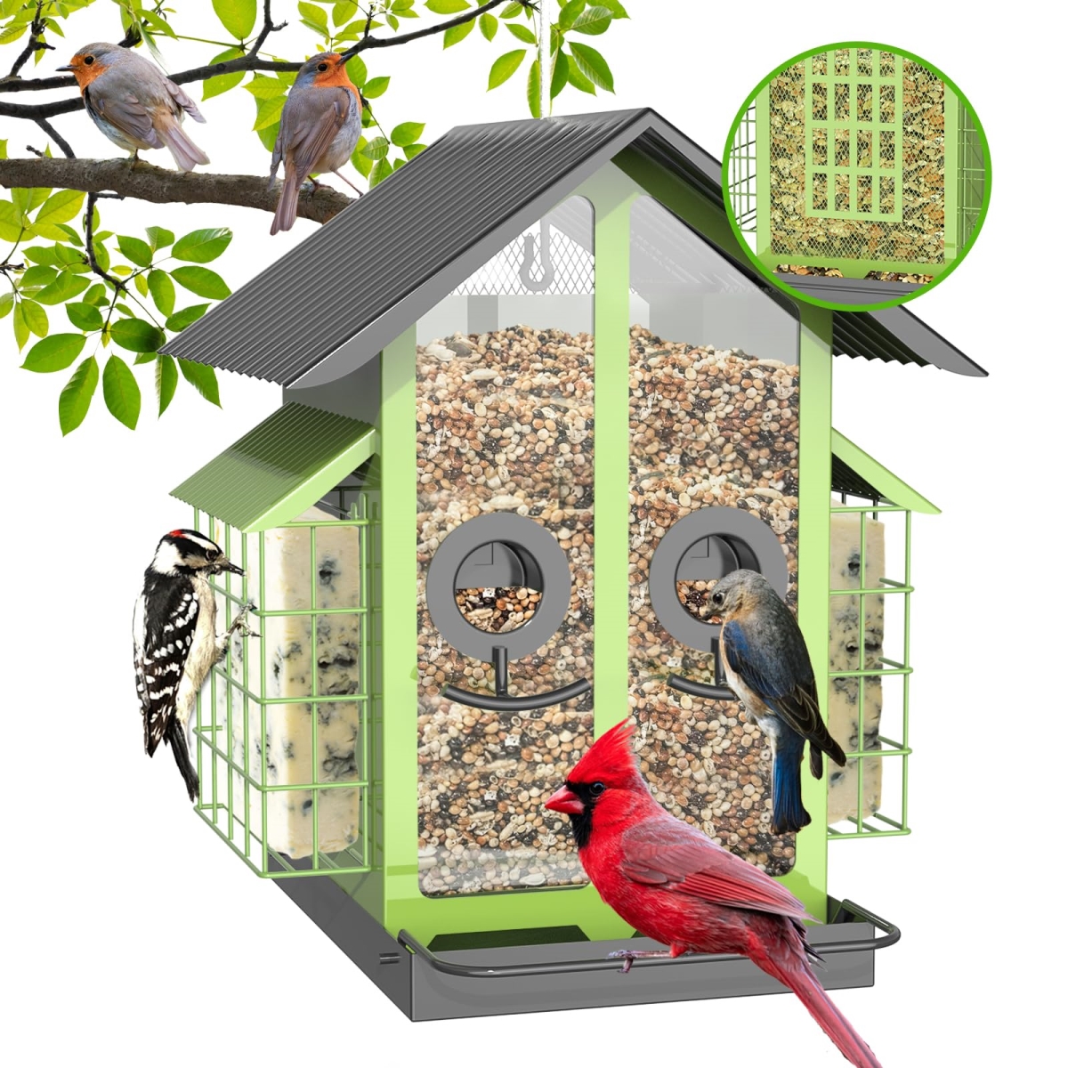 NT88074 Metal Bird Feeder with Double Suet Cage & Weatherproof Roof, 2-in-1 Mixed Seeds Suet Feeder, 4 lbs Capacity - Green