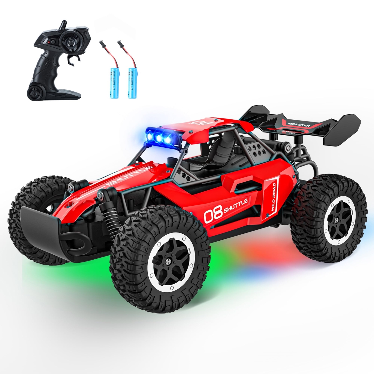 NT88133 Remote Control Car, 20 KMH High-Speed Remote Control Car with LED Lights, 2.4 Ghz 2WD Monster Truck, Rechargeable - Red
