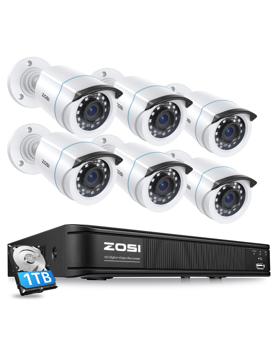 NT83734 ZOSI 3K Lite Home Security Camera System with AI Detection, 8CH DVR, 6 x 1080P Wired Camera, Night Vision, Remote Access