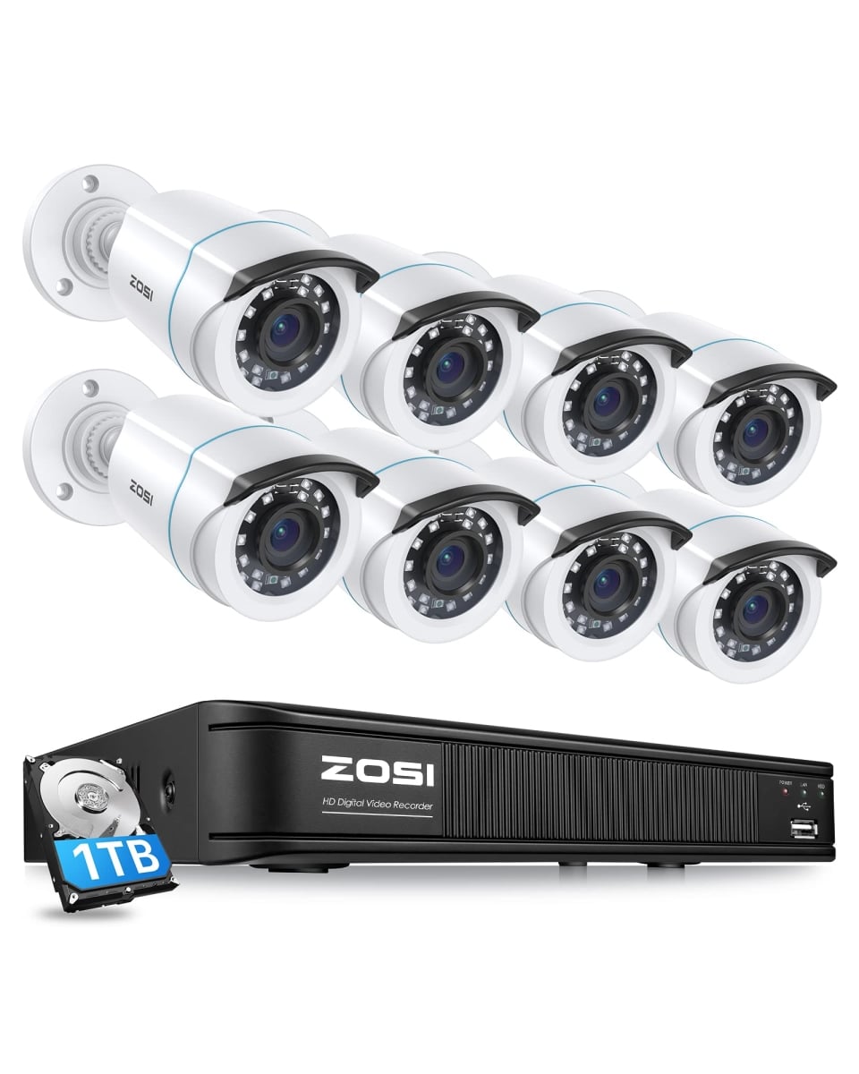 ZOSI H.265 Plus Security Camera System with AI Detection, 5MP 3K Lite 8 Channel DVR, 8 x 1080P Camera, 80ft Night Vision, 1TB HDD