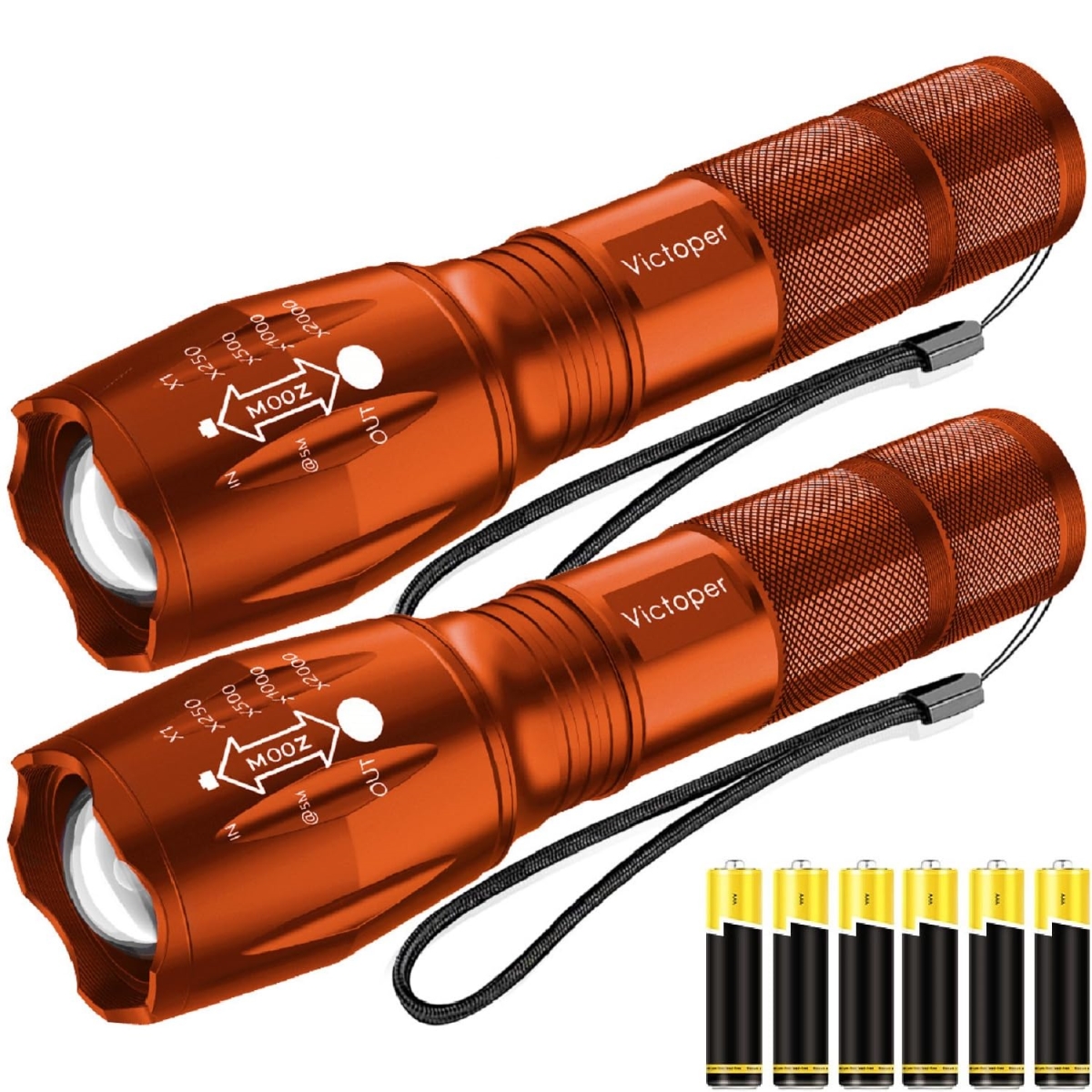 NT83784 Victoper LED Flashlight, Bright High Lumens Tactical Flashlights with 5 Modes, Waterproof Zoomable - Orange - Pack of 2