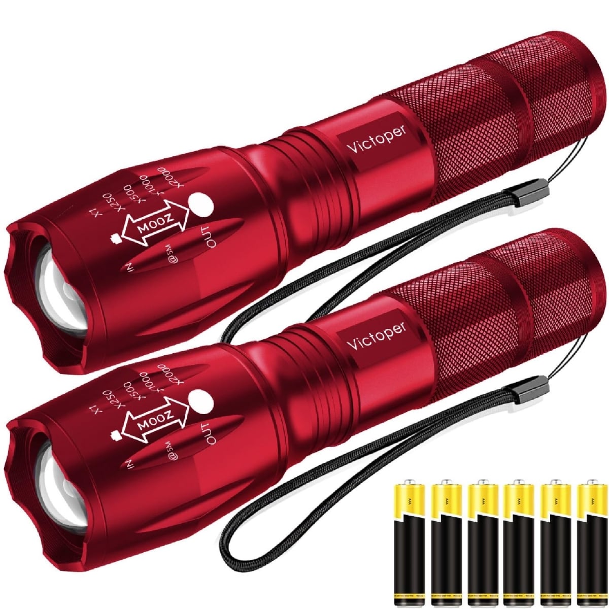 NT83791 Victoper LED Flashlight Bright High Lumens Tactical Flashlights with 5 Modes, Waterproof Zoomable - Red