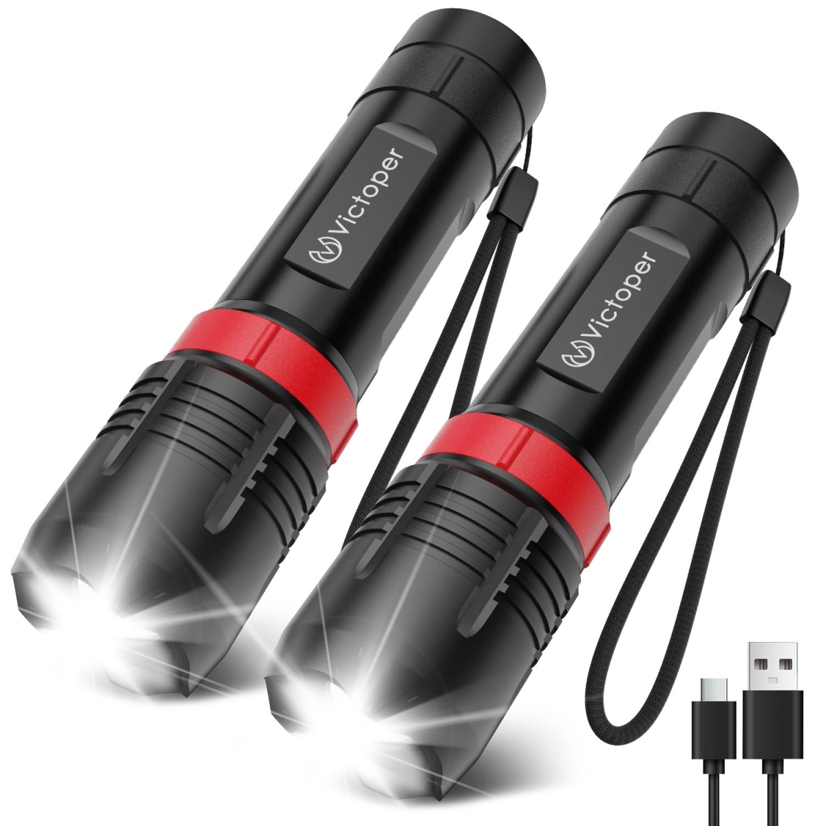 NT83798 Victoper Rechargeable LED Flashlights, Bright Tactical Torch with 5 Modes, Waterproof Zoomable Light - Pack of 2