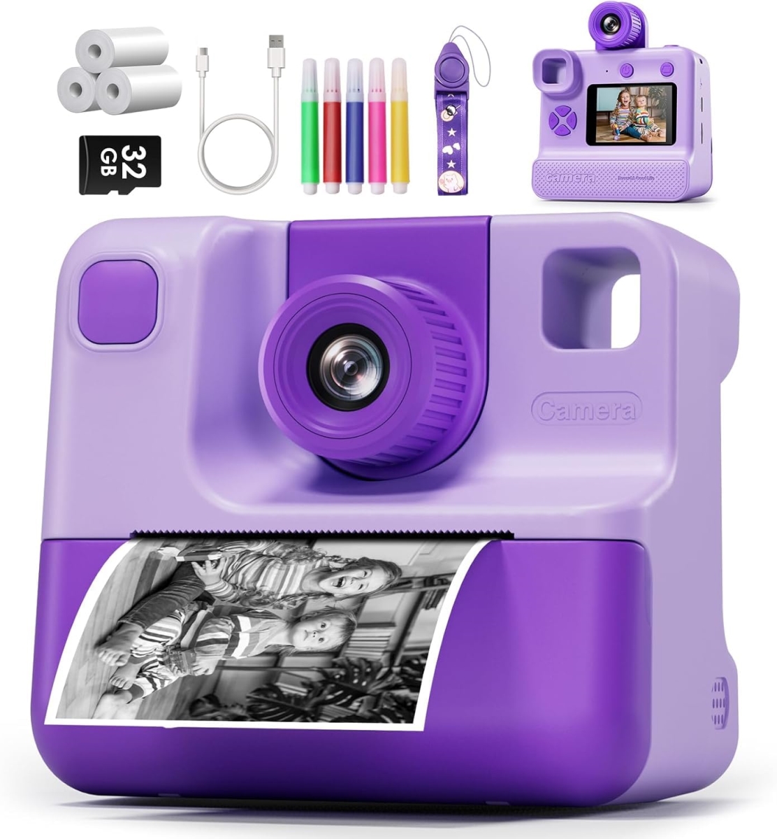 NT83857 Kids Camera Instant Print, FHD Digital Video Camera with Selfie Function & 32G Card