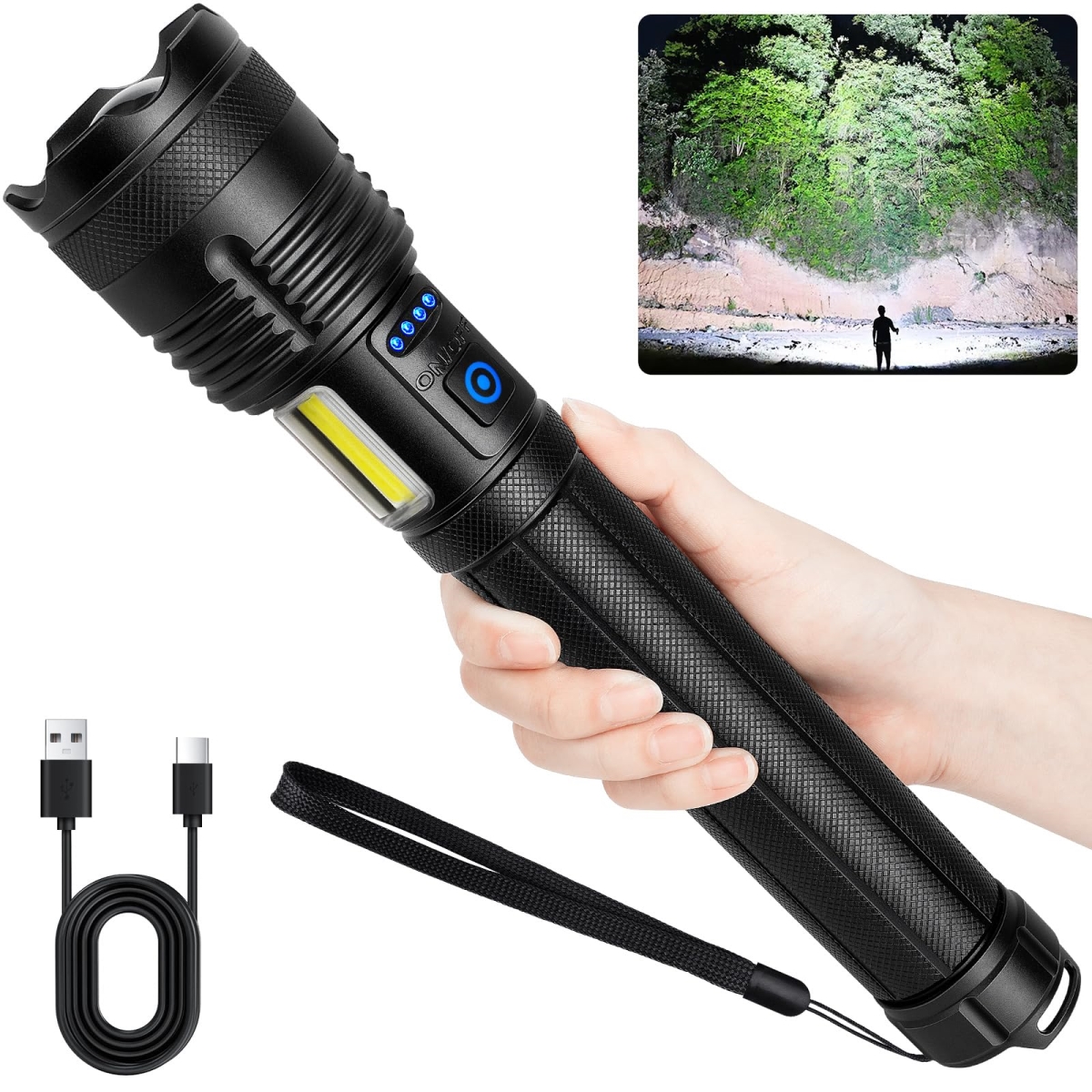 NT84176 Rechargeable Flashlights 90000 High Lumens LED with Cob-Light, 7 Modes, IPX7 Waterproof