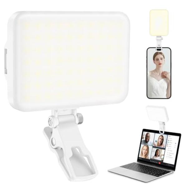 NT84298 60 LED Portable Selfie Light with Clip & Tripod Adapter, Rechargeable, 9 Light Modes, CRI 97 Plus