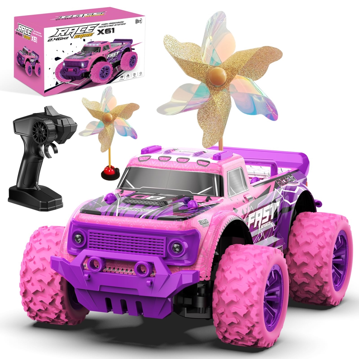 NT84492 Remote Control Car for Girls 1-20 Scale Pink Purple Remote Control Truck with LED Light & DIY Windmills