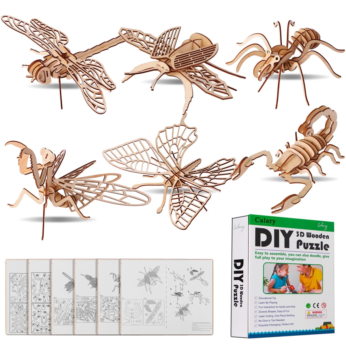 NT84544 Calary 3D Wooden Puzzle Dinosaur Assembly DIY Model Toys - Set of 6
