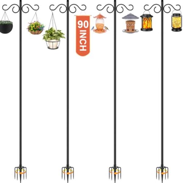 NT84609 Double Shepherds Hooks for Outdoor, 90 in. Bird Feeder Pole with 5 Prongs Base, Heavy Duty - Pack of 4