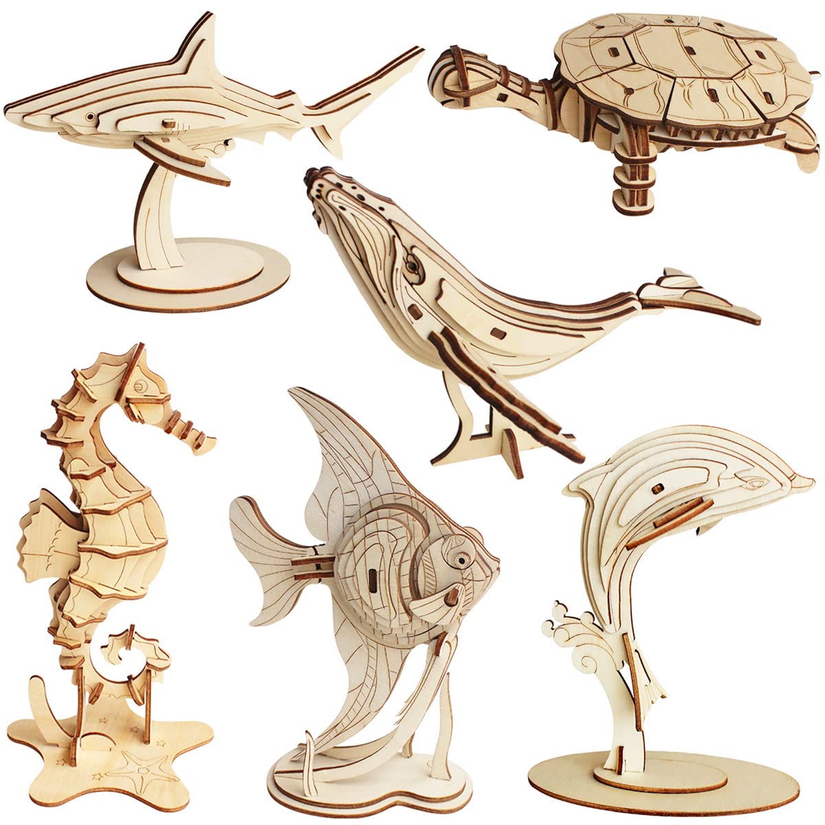 NT84684 3D Wooden Sea Animal Puzzle - Set Wood Sea Animals Skeleton Assembly Model Kits - 6 Piece