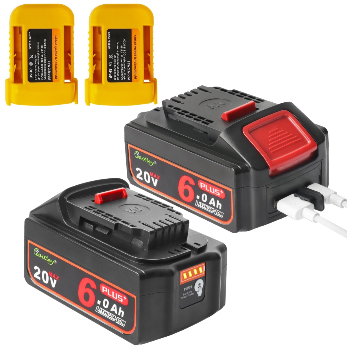 NT84696 Waitley 20V 6A Replacement Battery for Dewalt 20V Max Cordless Tools with USB & Type-C Charging - Pack of 2