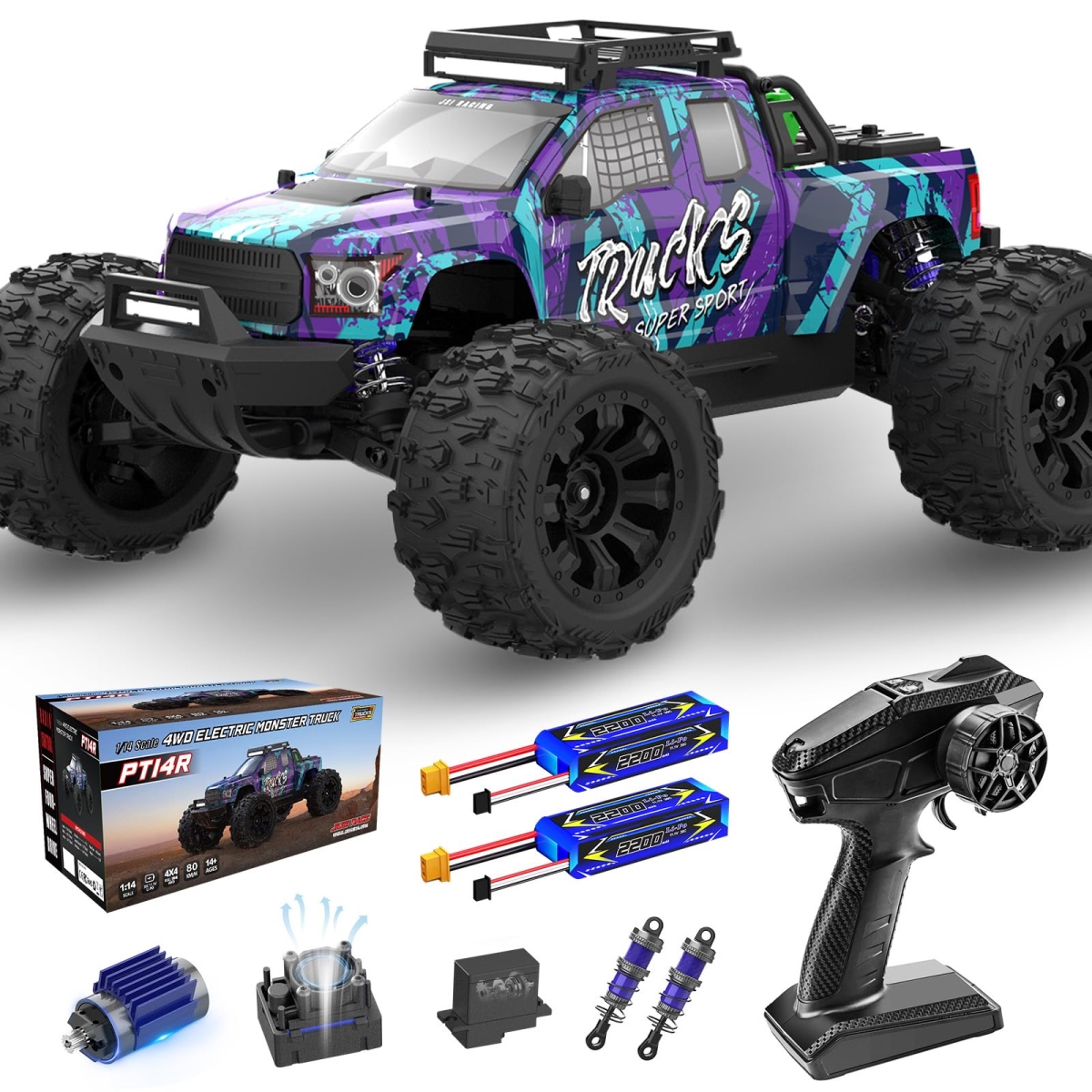 NT84719 1-14 Scale Brushless Remote Control Truck, Max 50 MPH 4WD Waterproof Off-Road with Fast Charging & 3S Rechargeable Batteries