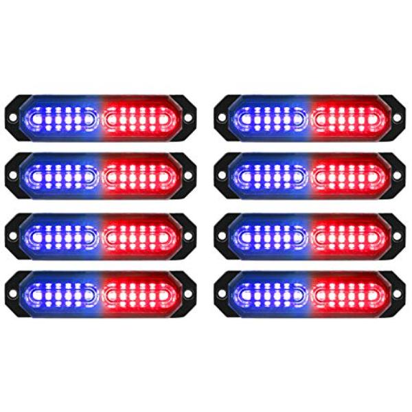 NT84825 ASPL Ultra Slim 12-LED Surface Mount Flashing Strobe Lights for Truck Car Vehicle, Red & Blue - 8 Piece